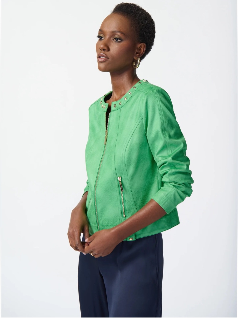 Joseph Ribkoff 241909 Island Green Faux Leather Zip Front Jacket Size M